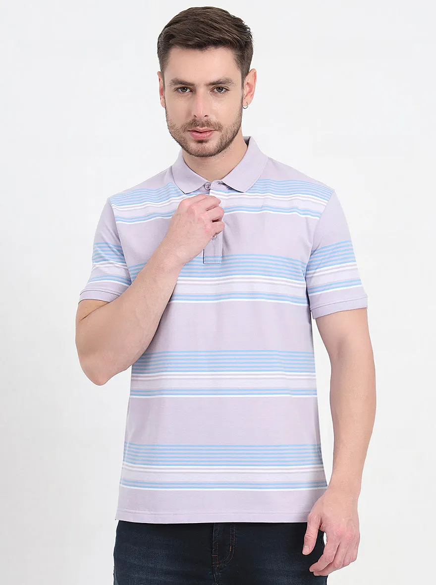 Lavender & Sky Blue Striped Slim Fit Polo T-Shirt | JadeBlue