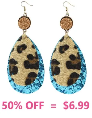Leopard Teardrop & Turquoise Glitter Earrings with Druzy Stone