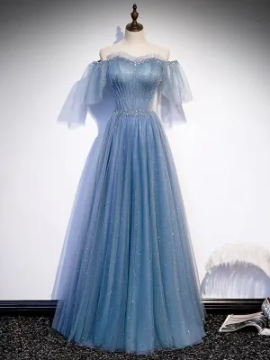 Luolandi Sweetheart-Neck Tulle Flare Sleeves Beaded Sequin Prom Dresses Formal Evening Dresses Beautiful