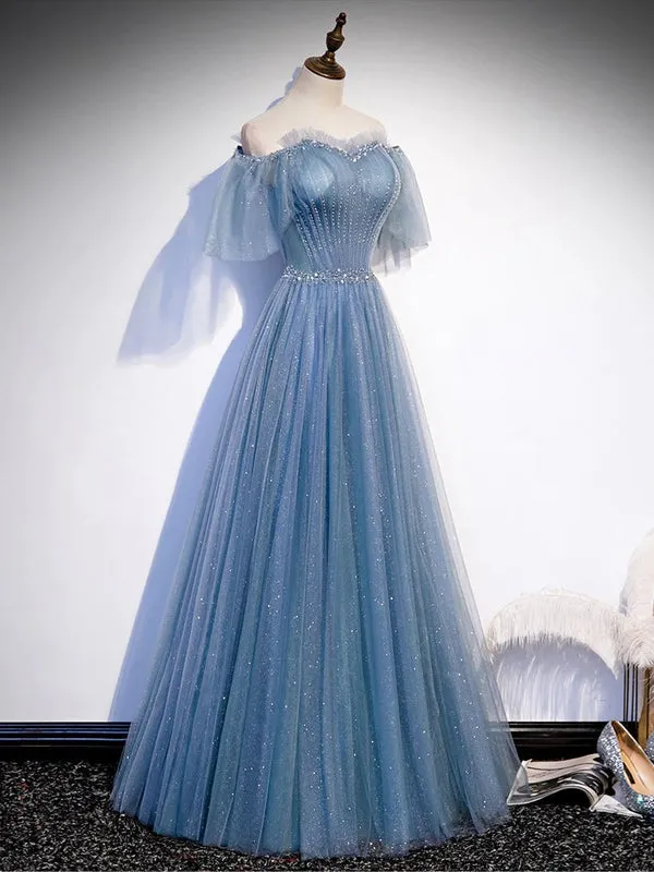 Luolandi Sweetheart-Neck Tulle Flare Sleeves Beaded Sequin Prom Dresses Formal Evening Dresses Beautiful