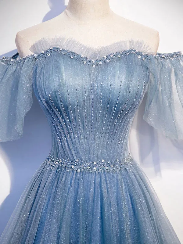 Luolandi Sweetheart-Neck Tulle Flare Sleeves Beaded Sequin Prom Dresses Formal Evening Dresses Beautiful