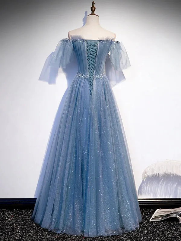 Luolandi Sweetheart-Neck Tulle Flare Sleeves Beaded Sequin Prom Dresses Formal Evening Dresses Beautiful