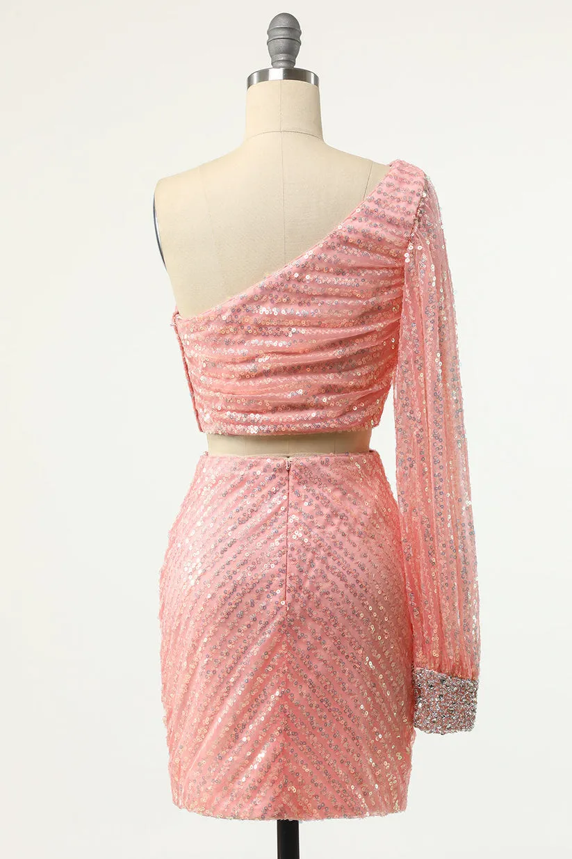 Luolandi Two Piece Pink One Long Shoulder Sequin Homecoming Dresses Sparkly