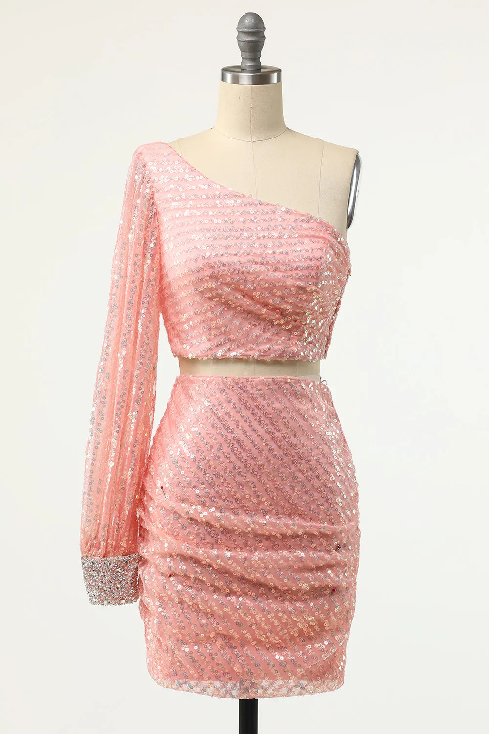 Luolandi Two Piece Pink One Long Shoulder Sequin Homecoming Dresses Sparkly