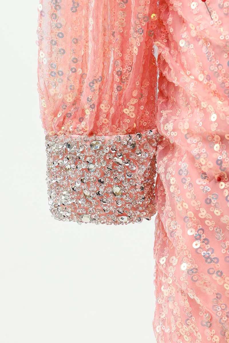 Luolandi Two Piece Pink One Long Shoulder Sequin Homecoming Dresses Sparkly