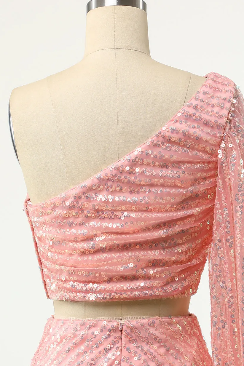 Luolandi Two Piece Pink One Long Shoulder Sequin Homecoming Dresses Sparkly
