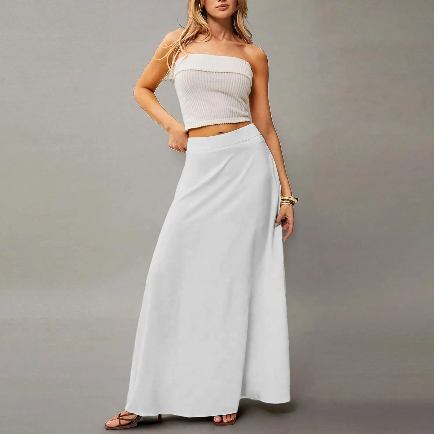 Maxi Skirts for Women Summer Floral Boho Elastic High Waist Tropical Skirts Pleated A-Line Flowy Swing Long Skirt
