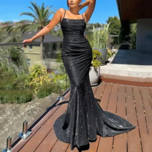 Mermaid Sleeveless Evening Party Sling Prom Dress Stretch Black Floor Length Gown SH419