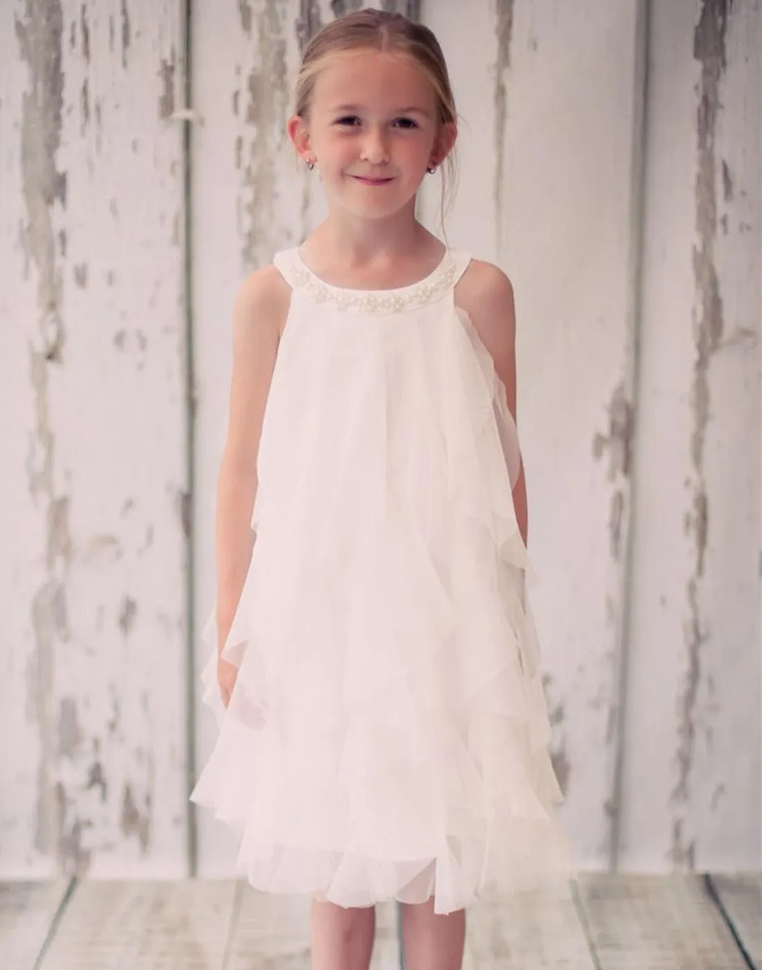 Mesmeric Mesh Ruffle Dress with Beaded Neckline - Champagne