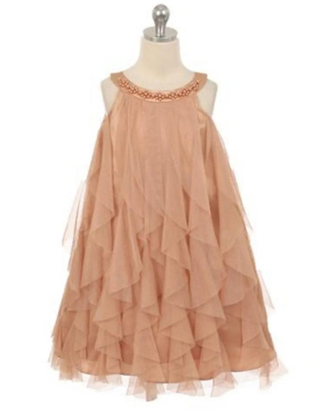 Mesmeric Mesh Ruffle Dress with Beaded Neckline - Champagne
