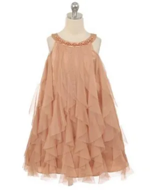 Mesmeric Mesh Ruffle Dress with Beaded Neckline - Champagne