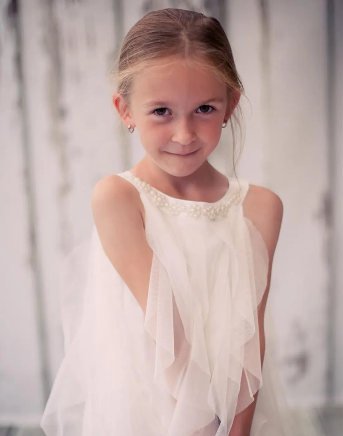 Mesmeric Mesh Ruffle Dress with Beaded Neckline - White