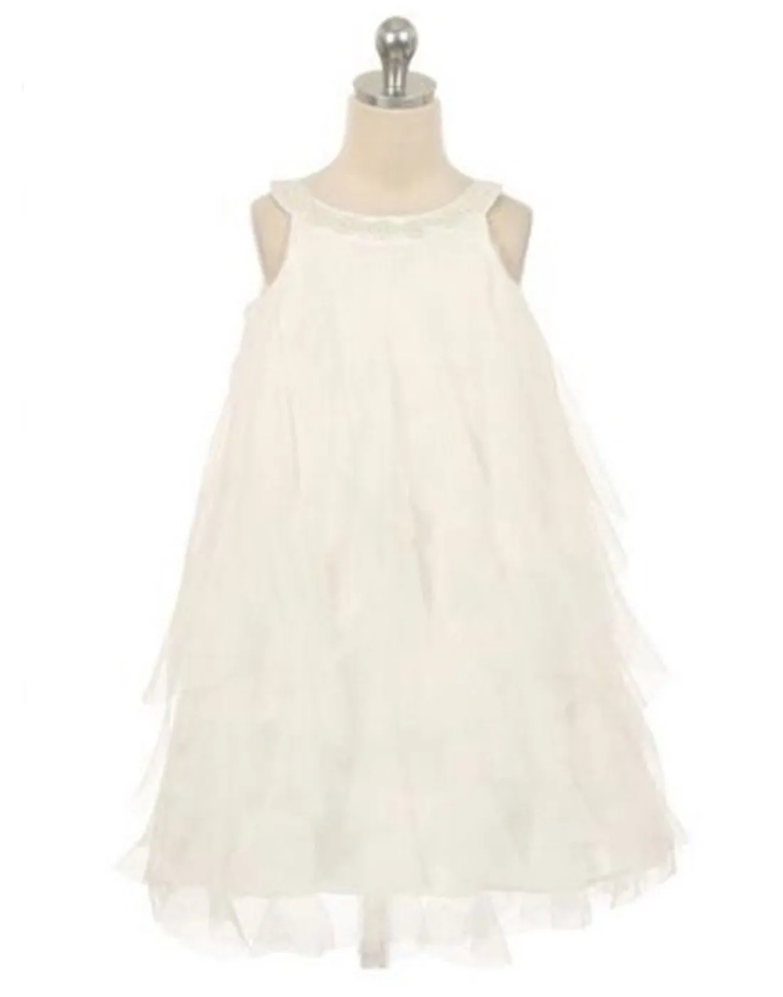 Mesmeric Mesh Ruffle Dress with Beaded Neckline - White