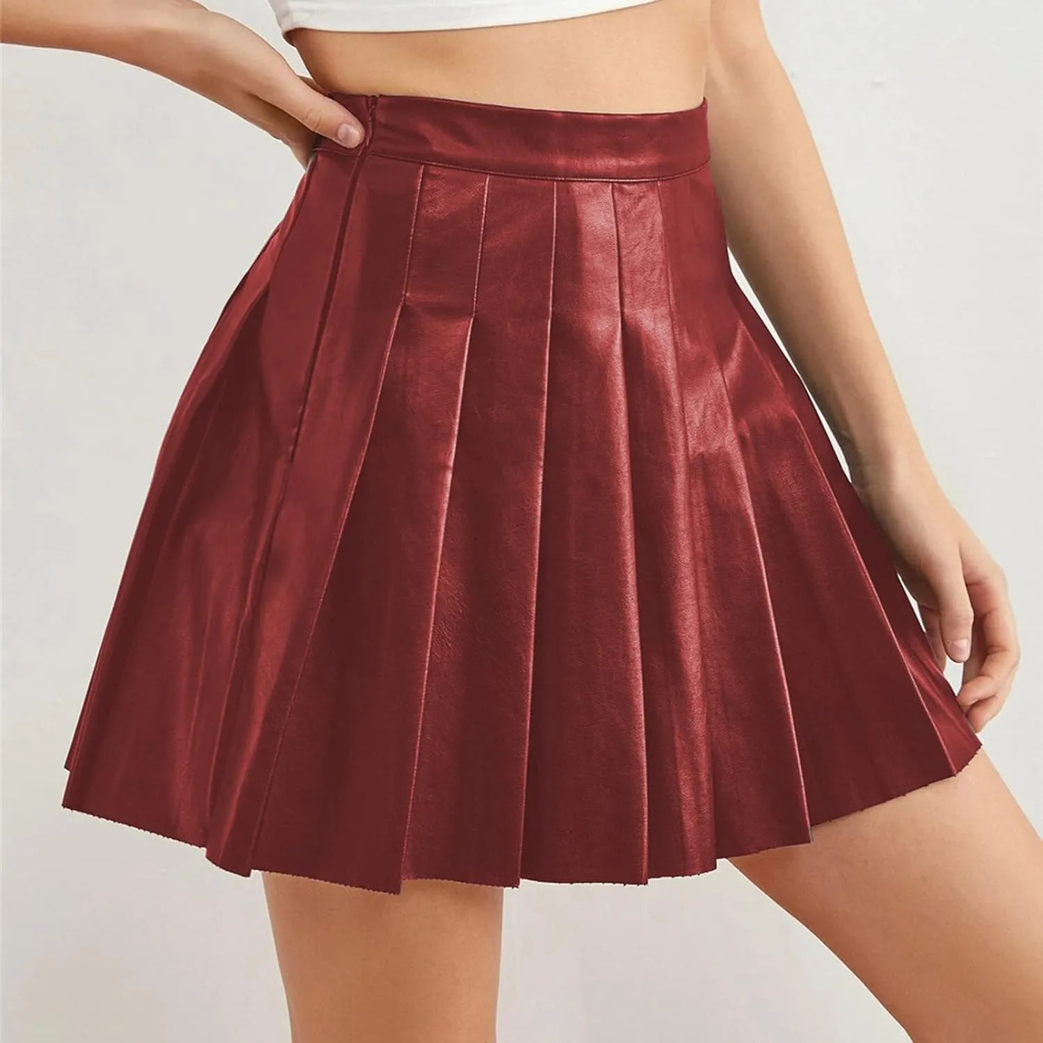 Mini Skirts for Women Trendy High Elastic Waist PU Leather Tummy Control Pleated Comfy Mini Skirts for Dance Summer