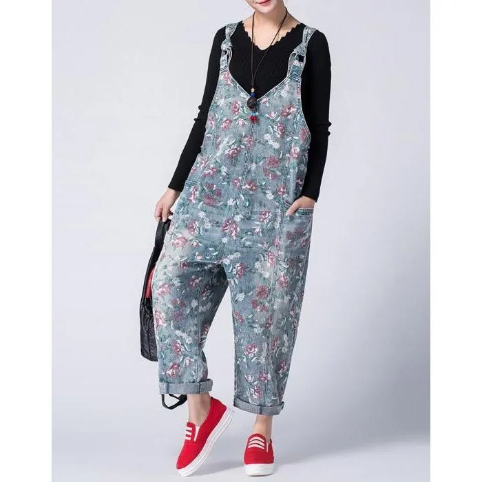 Oversized Denim Floral Print Overall