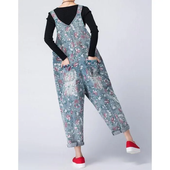 Oversized Denim Floral Print Overall