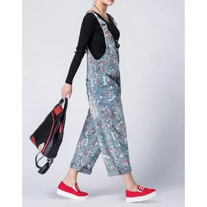 Oversized Denim Floral Print Overall