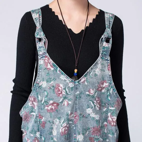 Oversized Denim Floral Print Overall