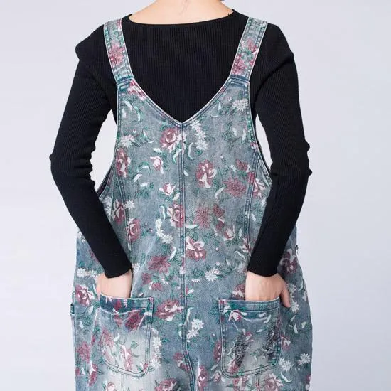 Oversized Denim Floral Print Overall