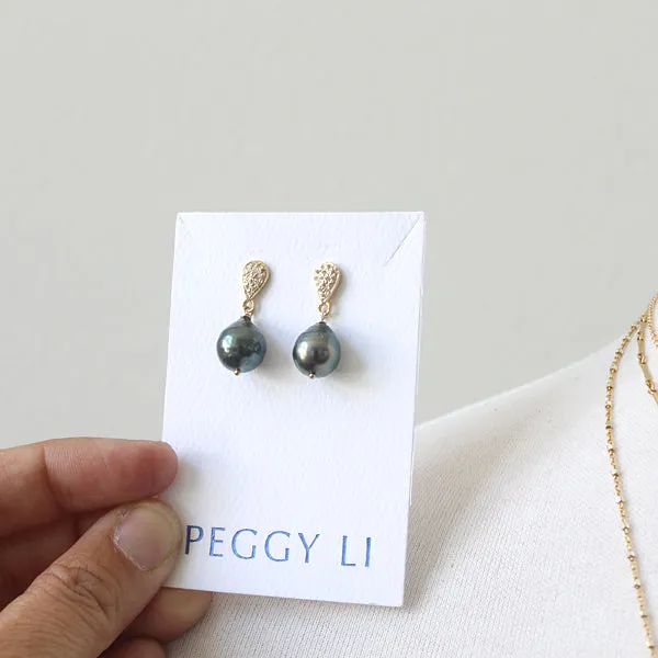 Pave Diamond and Tahitian Pearl Earrings