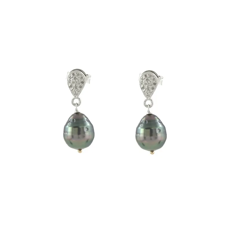 Pave Diamond and Tahitian Pearl Earrings