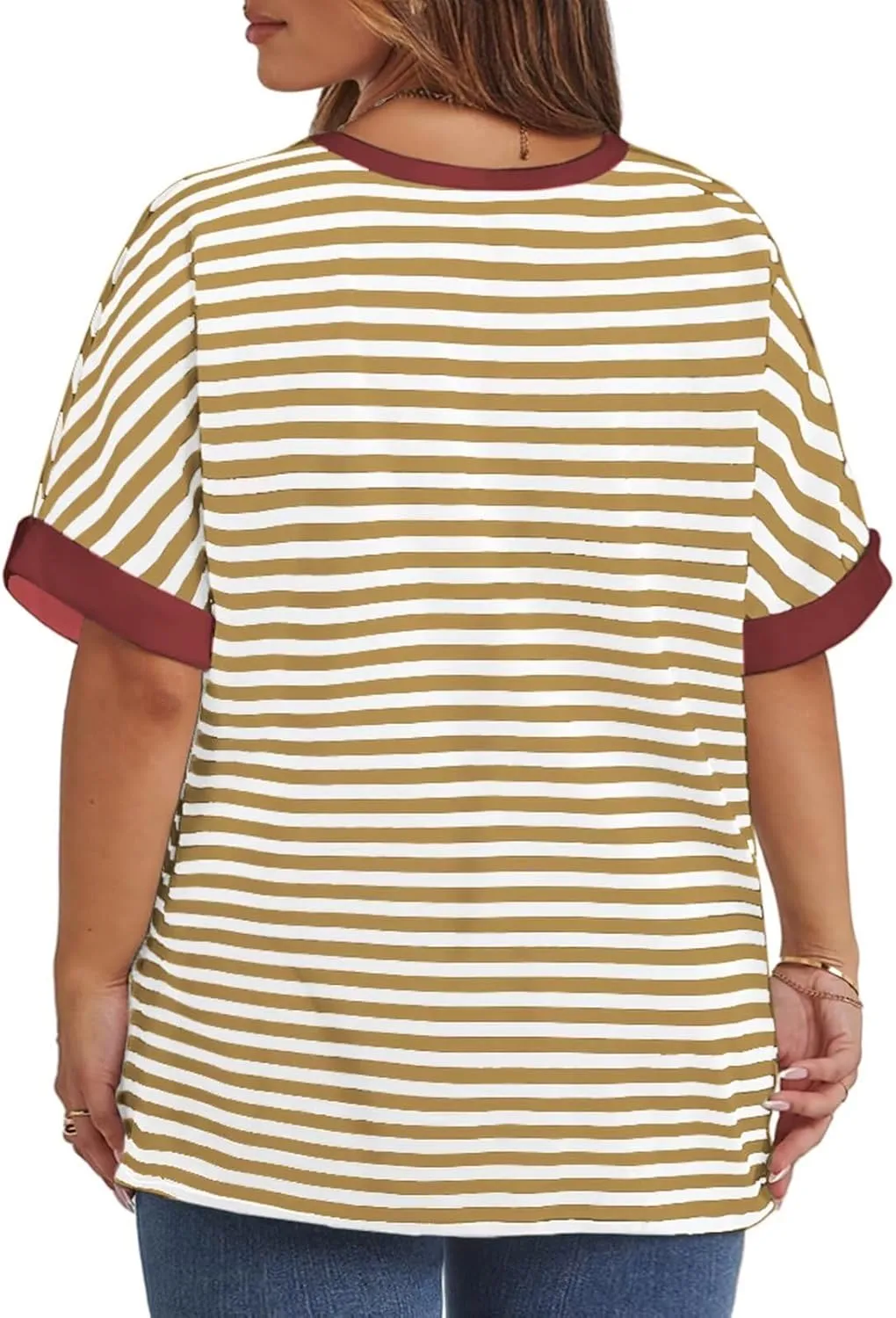 ROSRISS Womens-Plus-Size-Tops Summer Striped Short Sleeve Casual Crewneck Oversized T Shirts Trendy Color Block Basic Tunics