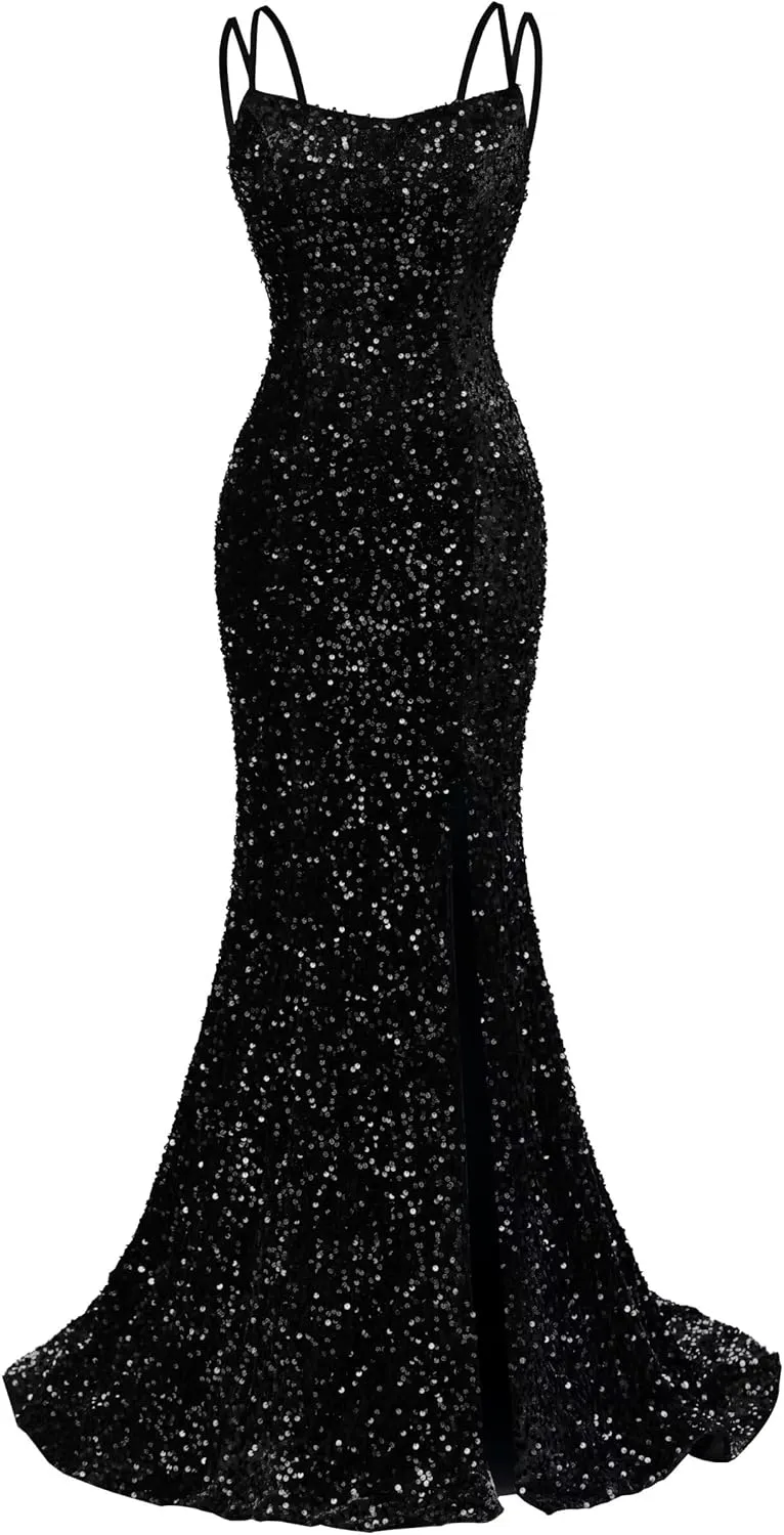 Sequin Prom Dresses for Women 2025 Mermaid Sparkly Spaghetti Backless Formal Evening Party Gowns with Slit