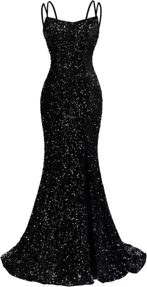 Sequin Prom Dresses for Women 2025 Mermaid Sparkly Spaghetti Backless Formal Evening Party Gowns with Slit