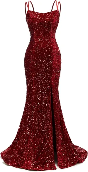 Sequin Prom Dresses for Women 2025 Mermaid Sparkly Spaghetti Backless Formal Evening Party Gowns with Slit