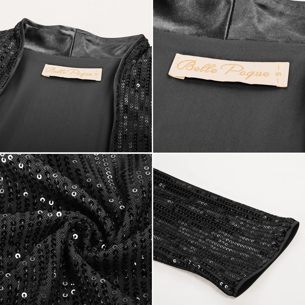 Sequined Bolero Long Sleeve Open Front Ruffled Hem Party Shrug