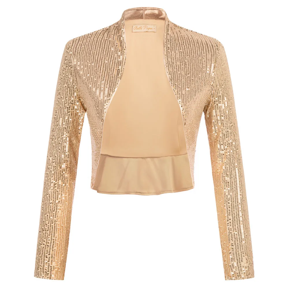 Sequined Bolero Long Sleeve Open Front Ruffled Hem Party Shrug