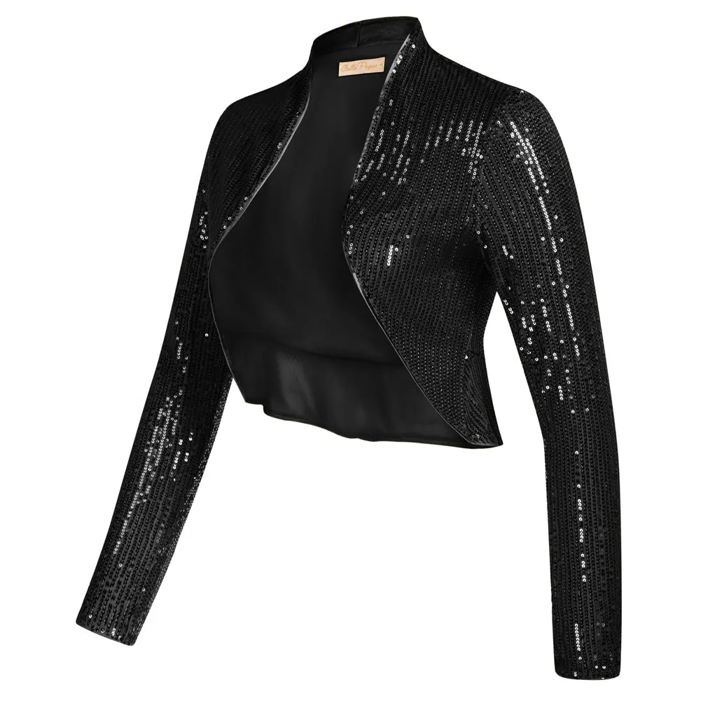 Sequined Bolero Long Sleeve Open Front Ruffled Hem Party Shrug