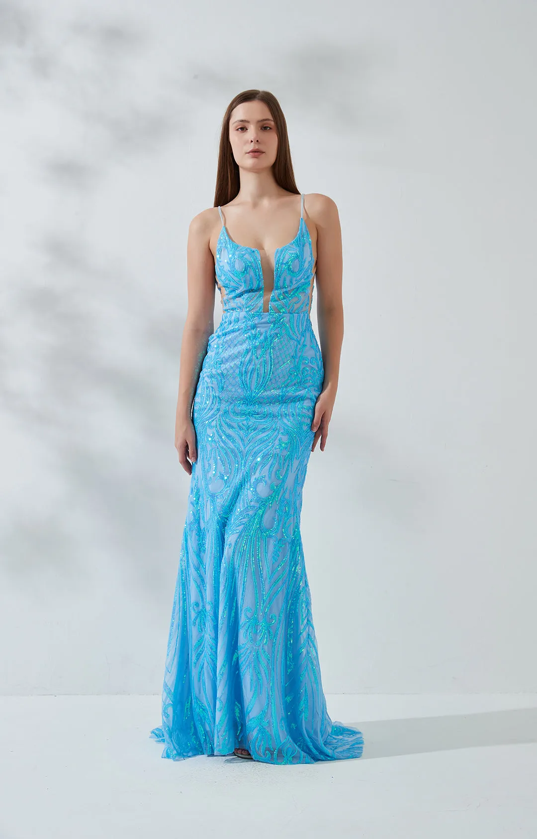 Sleeveless Sequin Embroidery Deep V-ncek Backless Mermaid Evening Dresses