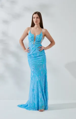 Sleeveless Sequin Embroidery Deep V-ncek Backless Mermaid Evening Dresses