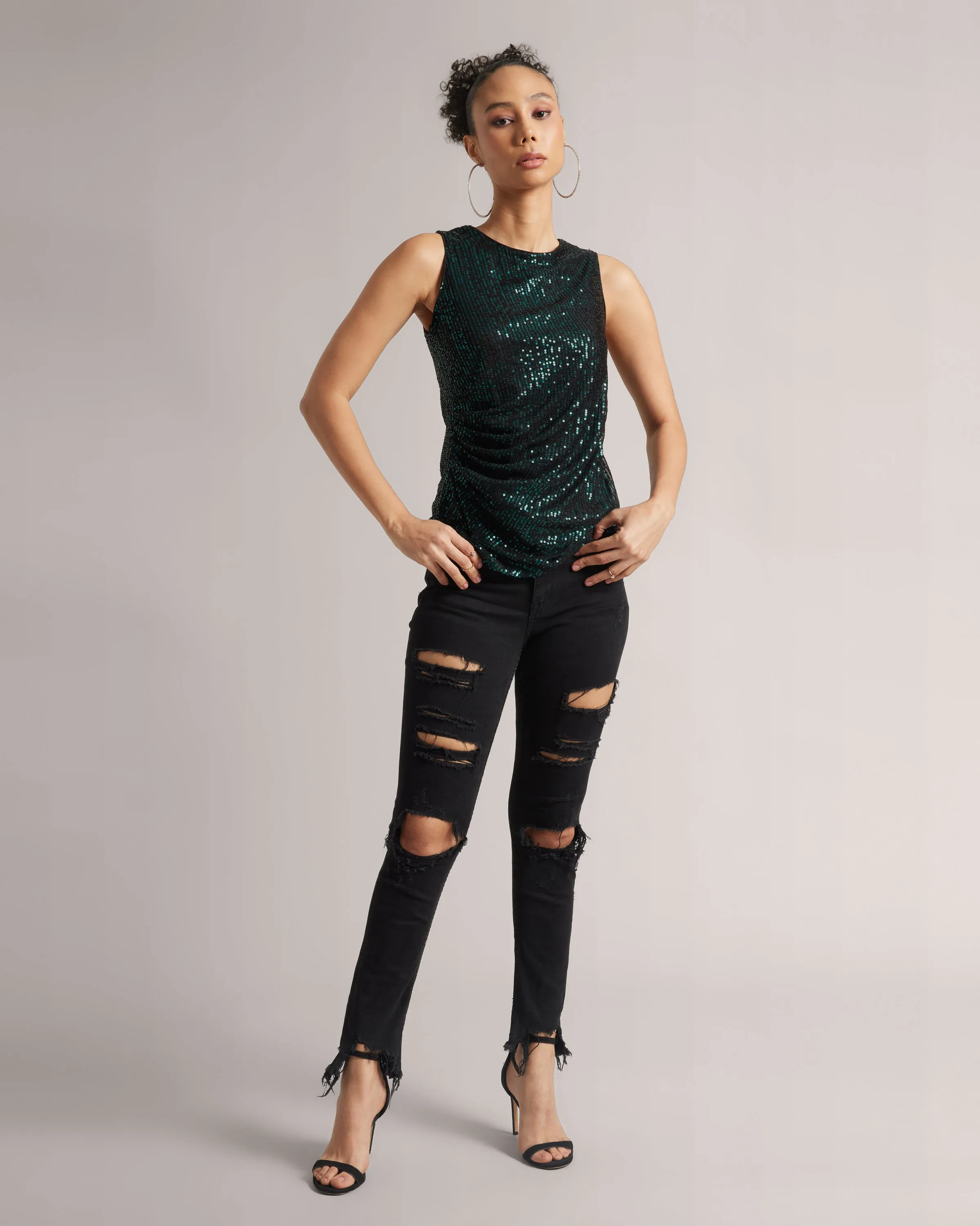 Teal Green Sequin Ruched Top