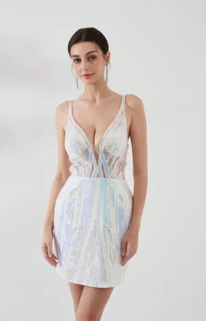 V-neck Sequin Spaghetti Straps See-through Waist Mini Dress