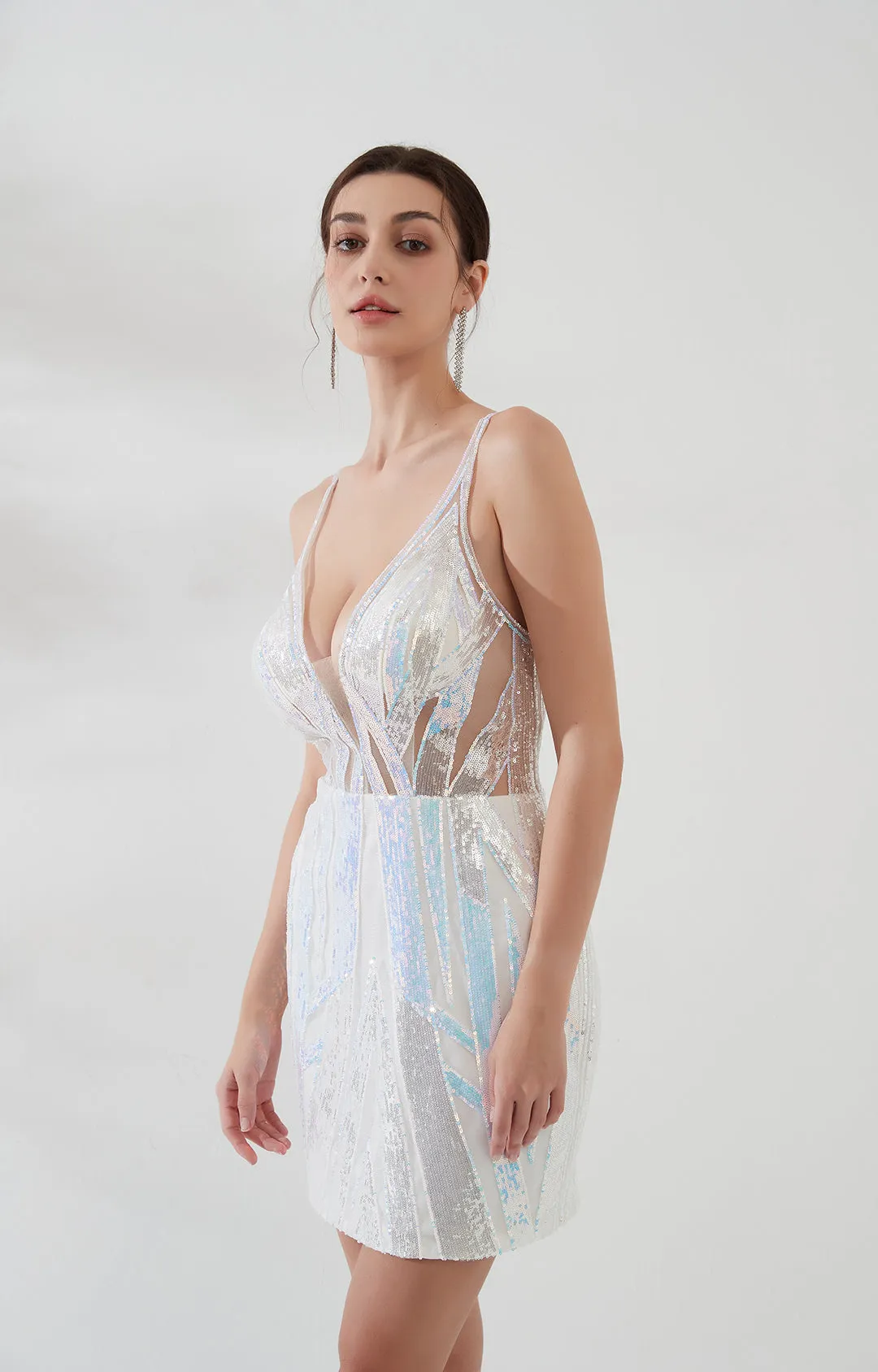 V-neck Sequin Spaghetti Straps See-through Waist Mini Dress