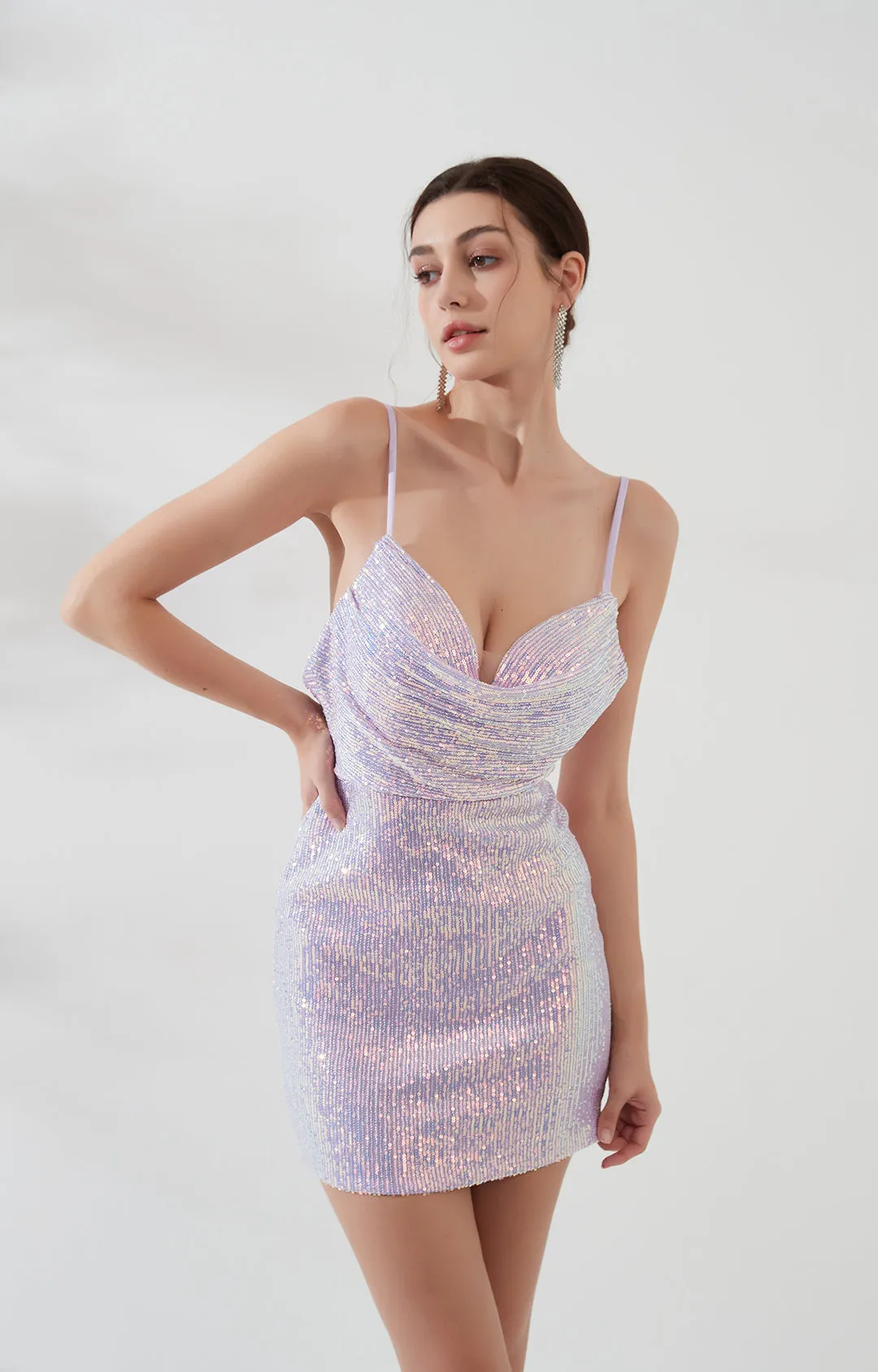 V-Neck Spaghetti Strap Sequins Backless Mini Dresses