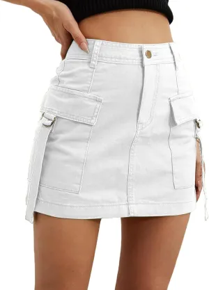 Vintage Cargo Denim Mini Skirt for Women, Button Low Waist Jean Bodycon Flap Pockets Skirt, Trendy Short Skorts