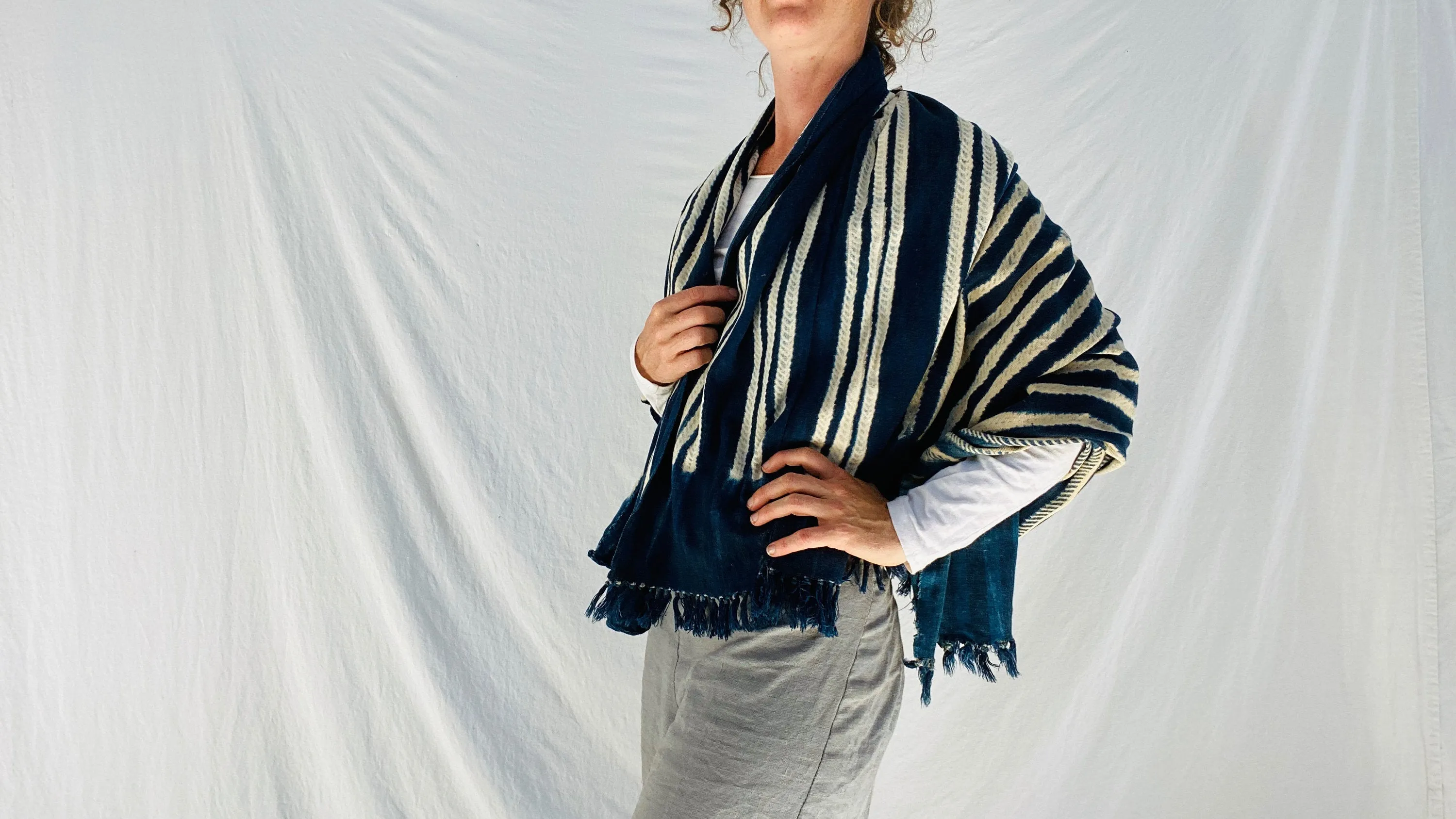 Vintage Indigo Shibori Shawl. Mali. African Tie dye, Wrap, Scarf.