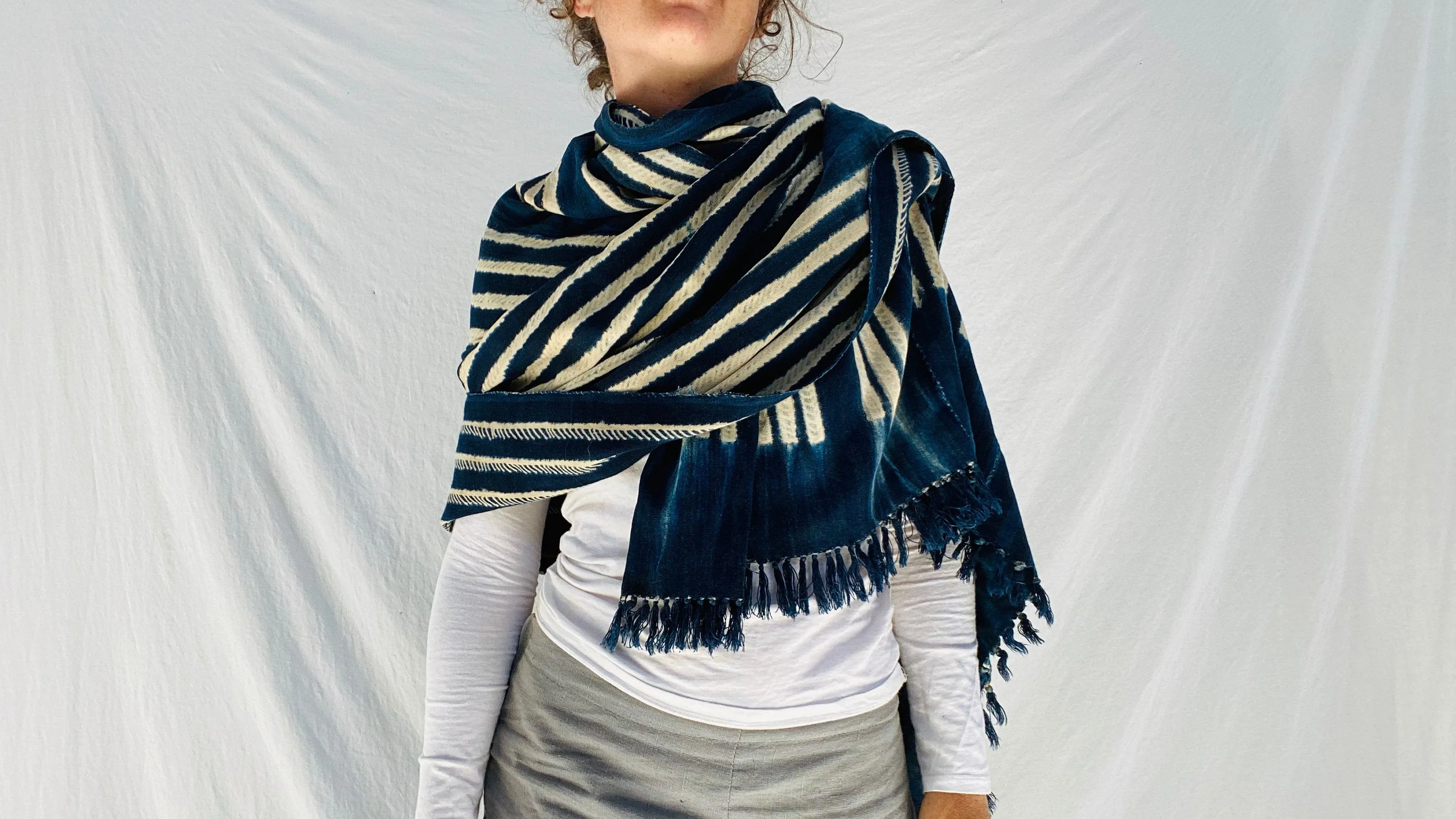 Vintage Indigo Shibori Shawl. Mali. African Tie dye, Wrap, Scarf.