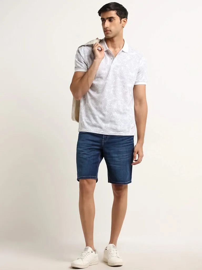 WES Casuals Light Grey Leaf Design Cotton Blend Slim Fit Polo T-Shirt