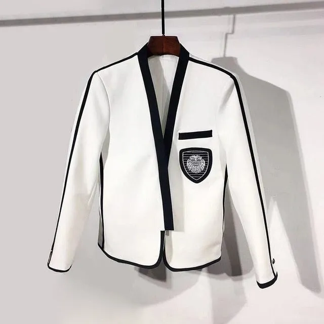 White College Style with Black Badge Detail Men Blazer