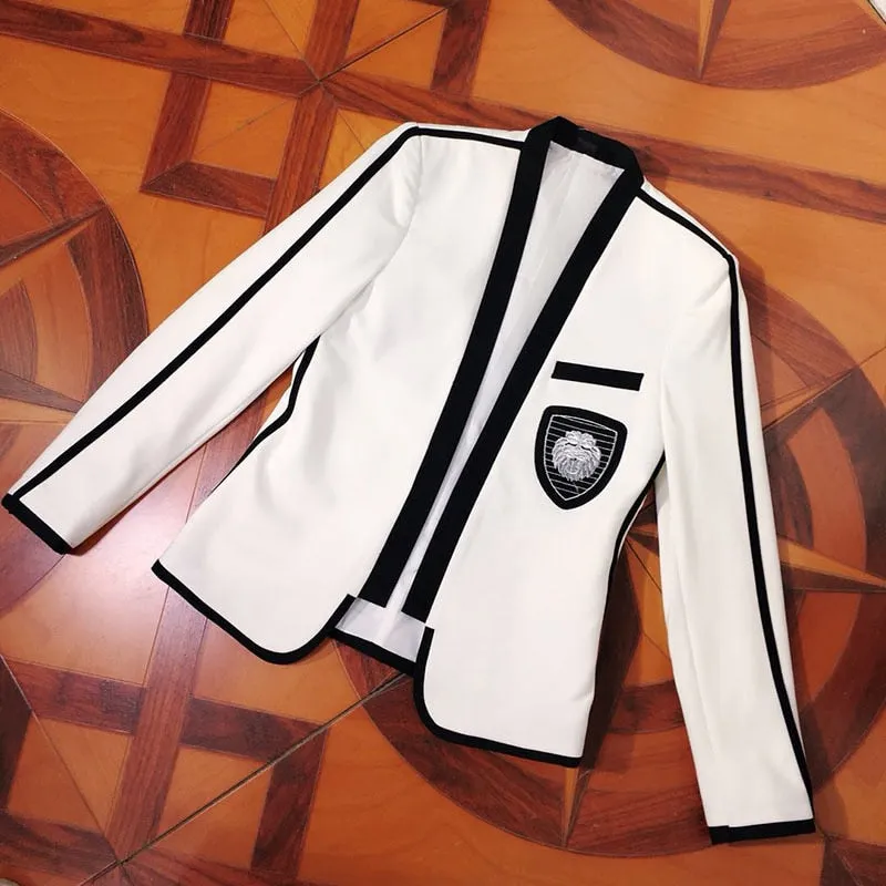 White College Style with Black Badge Detail Men Blazer