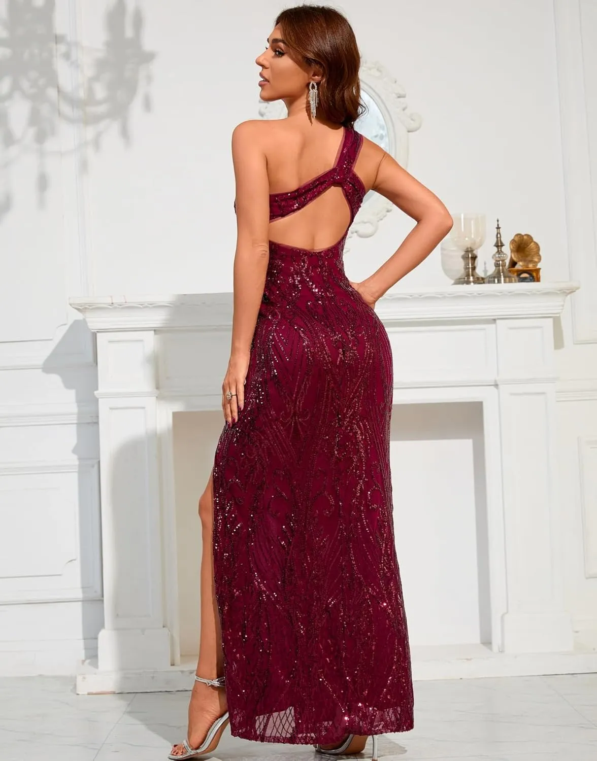 Women Elegant Evening Gowns, One Shoulder Sequin Formal Dresses, Red Slit Dress for Prom Weading
