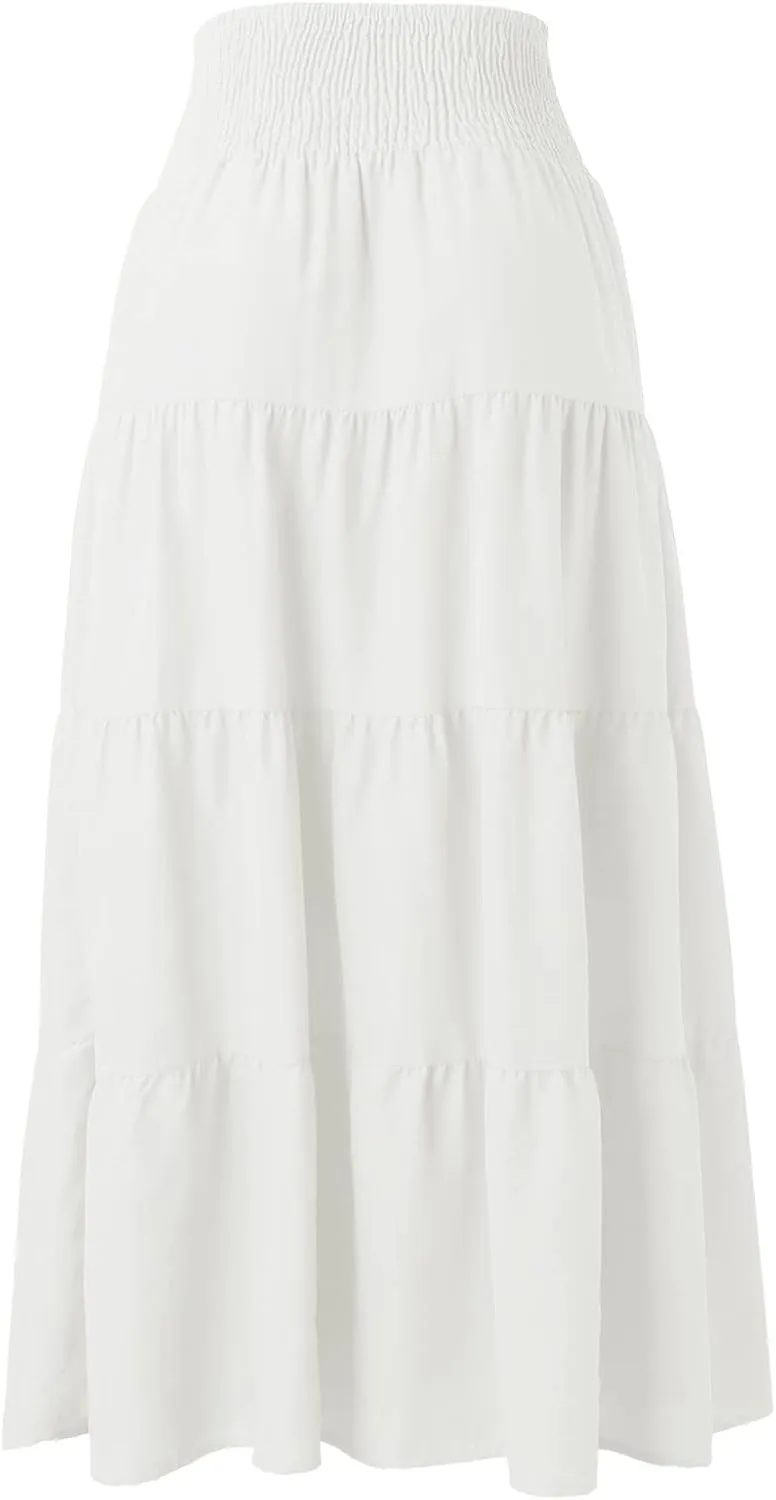 Women's Boho Elastic High Waist Pleated A-line Ruffle Midi Maxi Skirt Summer Flowy Casual Skirts Beach Holiday