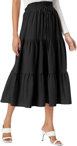 Womens Boho Skirt Elastic High Waist Pleated A-Line Flowy Swing Tiered Maxi Skirt 2025 Trendy Long Skirt Dress