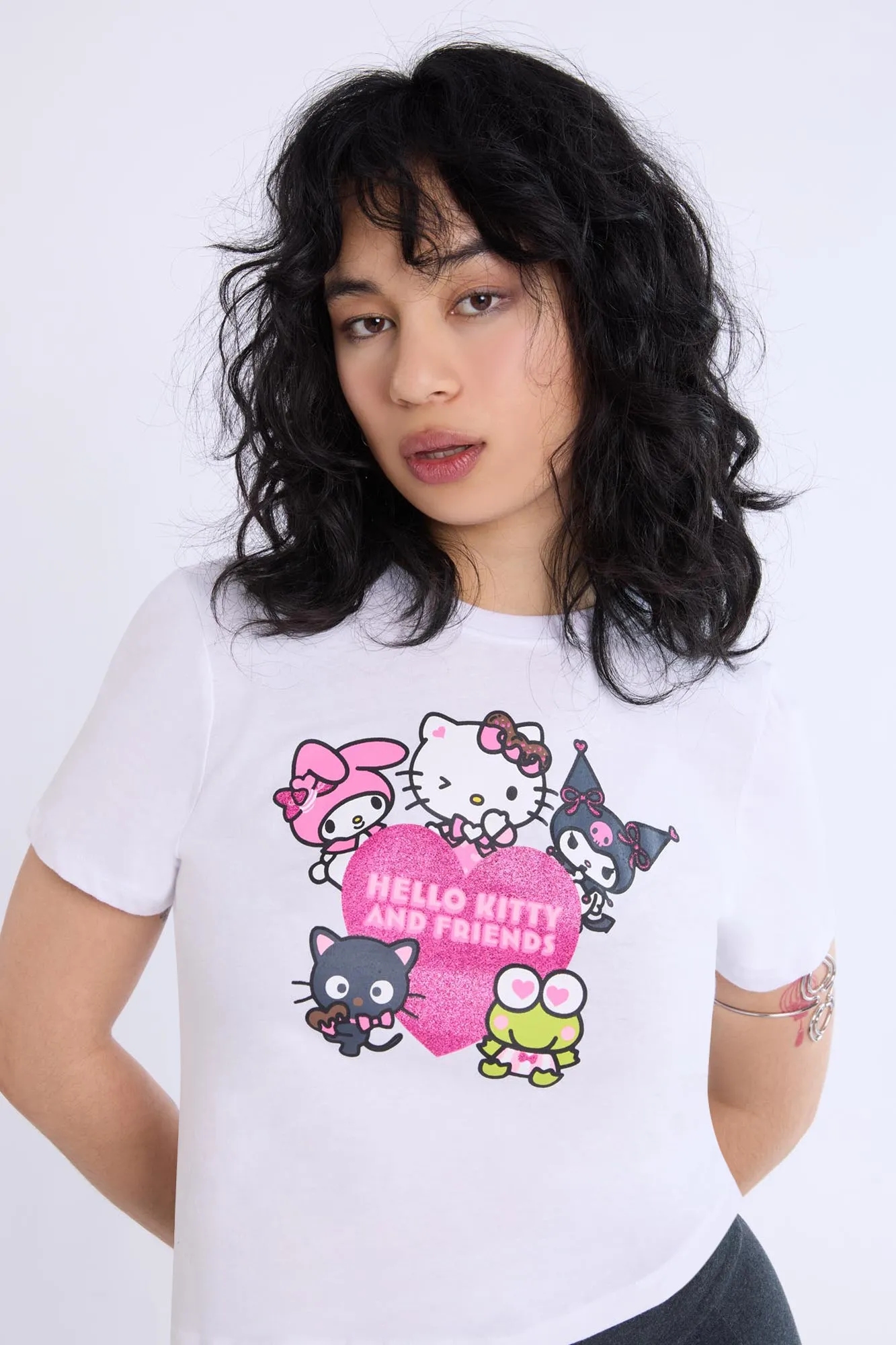 Womens Hello Kitty And Friends Glitter Baby Tee